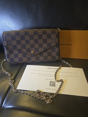 Brown Checkered Envelope Crossbody with Red Interior Gold Chain